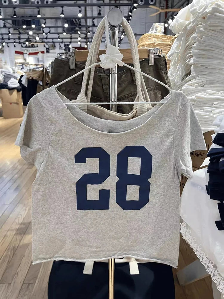 28 Graphic Print T-Shirts Woman Summer Slash Neck Short Sleeve Cotton Tees American Vintage Streetwear Raw Hem Crop Top T-shirts