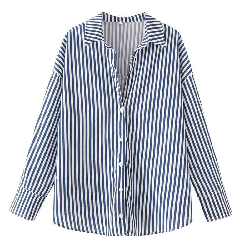 TRAF 2025 Woman Blouses Long Stripe Shirts Women Spring Summer Long Sleeve Blue White Shirt Woman Large Tops Button Up Shirts
