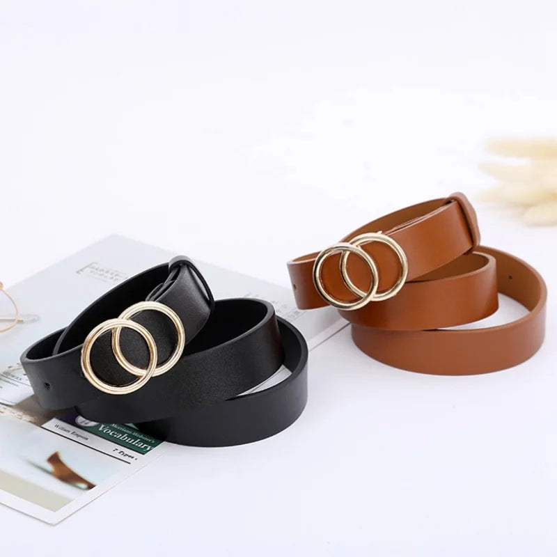 Women’s Double Ring PU Belt – Round Metal Buckle