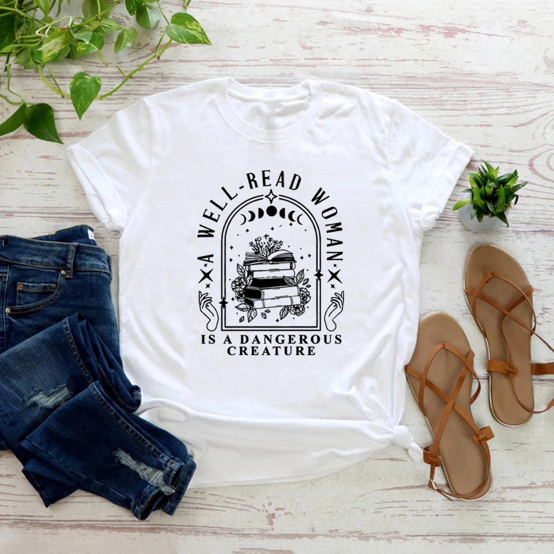 A Well Read Woman Is A Dangerous Creature T Shirts Bookish Merch T-Shirt Women Tshirts Vintage Graphic Tees Book Lovers Gifts