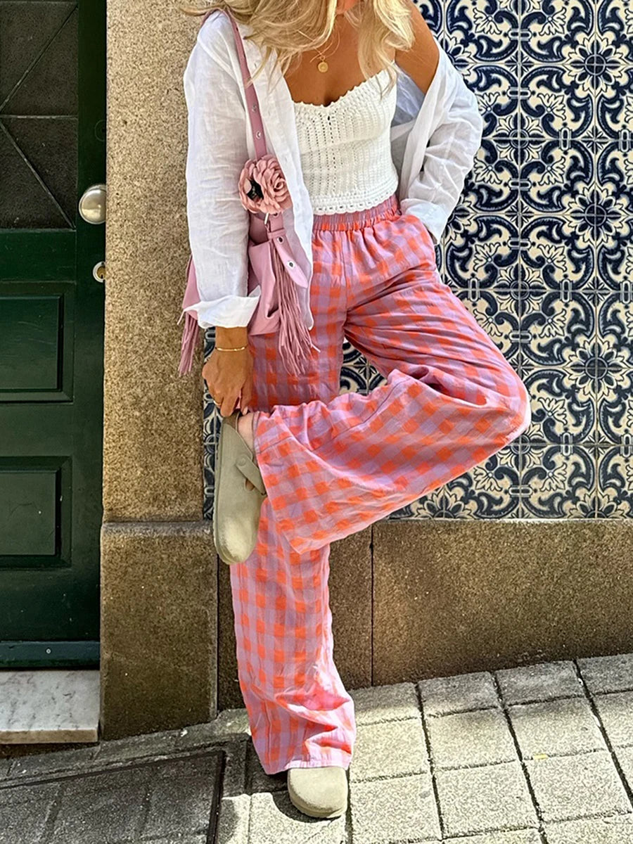 Women’s Pink Plaid Slim Straight Pants – Chic Zipper Fly Trousers