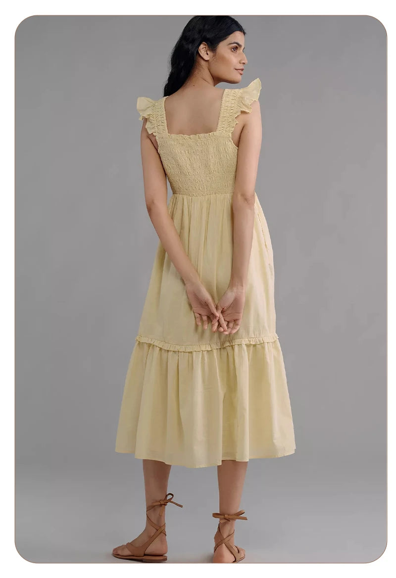 Women’s Yellow Off-Shoulder Tiered Dress – Summer Beach & Picnic Dress