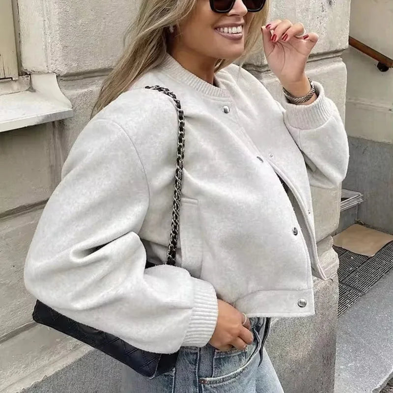 Women’s White Cropped Bomber Jacket – Autumn/Winter.