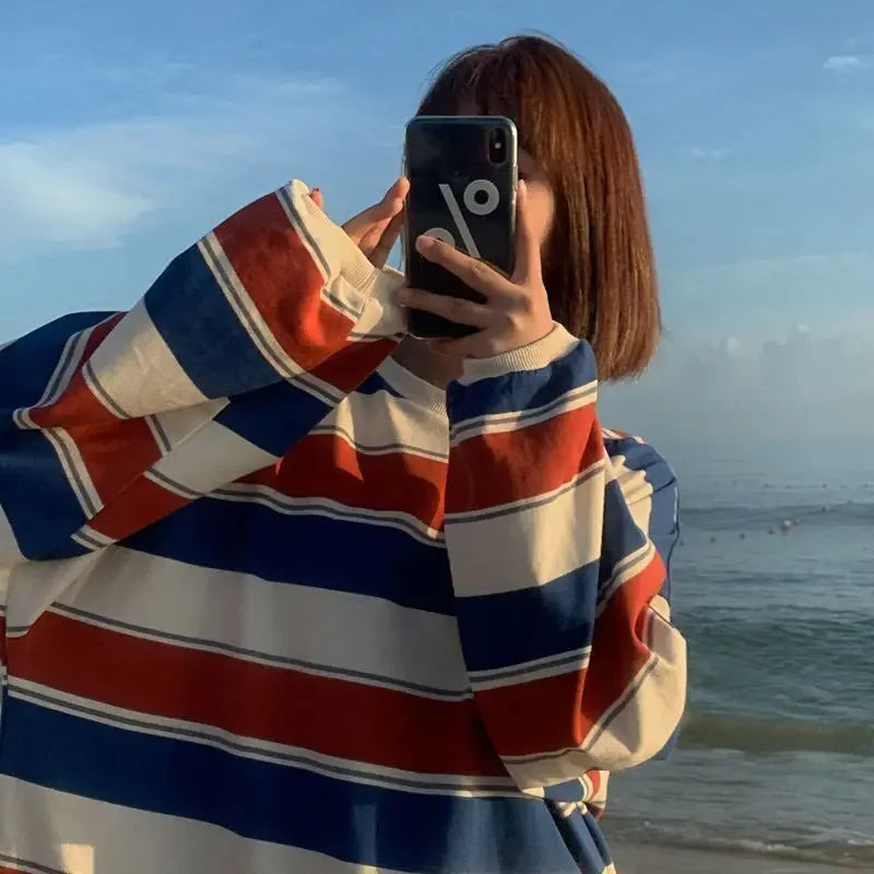 Women T shirts Summer Woman clothing Striped Top Sweatshirt 2023 korean fashion Long Sleeves Tee Patchwork Loose Couple T-shirts