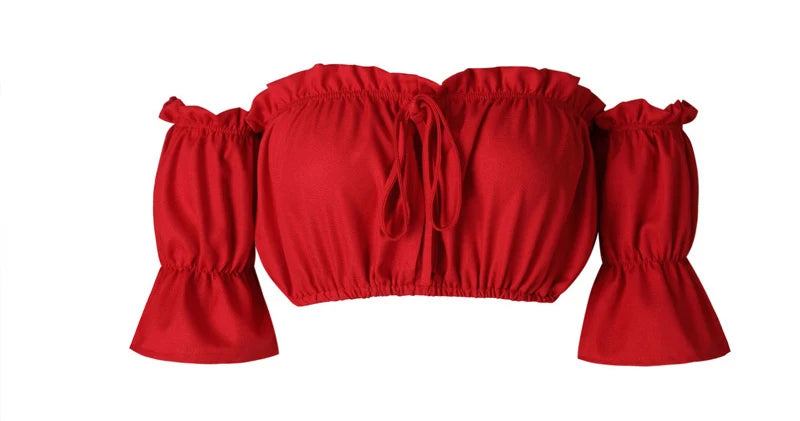 Crop tops women 2024 summer lantern sleeve sexy strapless beach tops plus size red black white ruched crop top