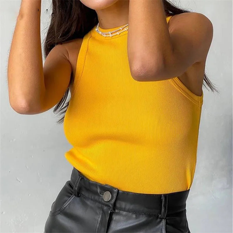 Tank Tops Women Yellow Casual Vest Sleeveless Camis Shoulder Women's Tank Top Ribbed Knitted Tops Summer Woman Shirts Tank Top