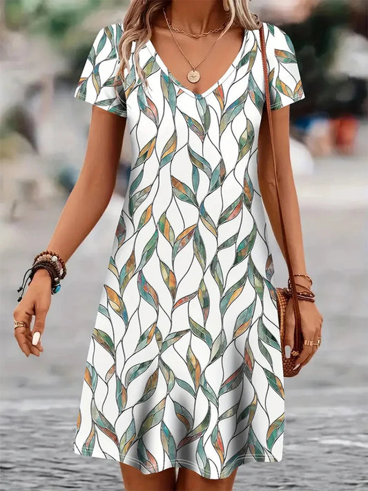 Women’s Summer Printed V-Neck Dress – Short Sleeve Knee-Length Retro Dress