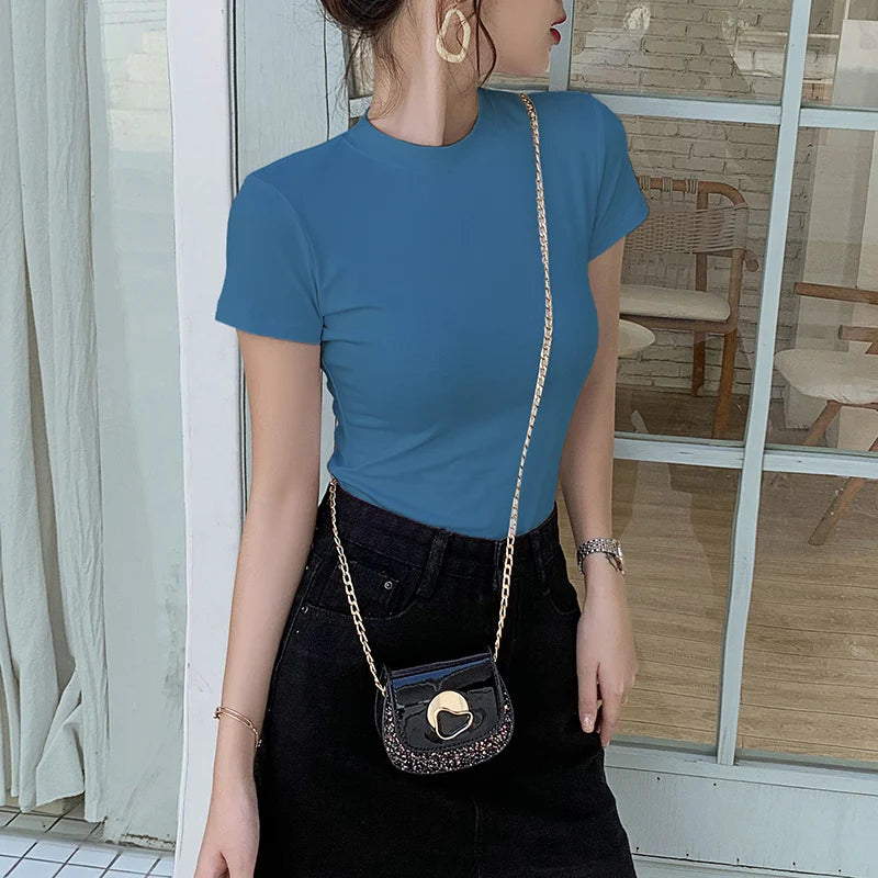 MRMT 2025 Brand New Women's T-Shirts Half-turtleneck Women T shirt for Female Cotton Tight Solid Color Tops Tees Woman Tshirt