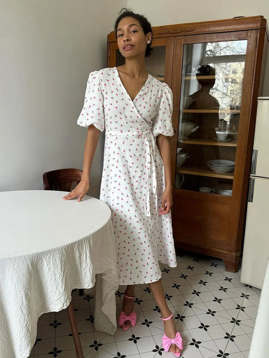 Women’s Floral Cotton Dress – V-Neck Short Sleeve Tunic for Summer