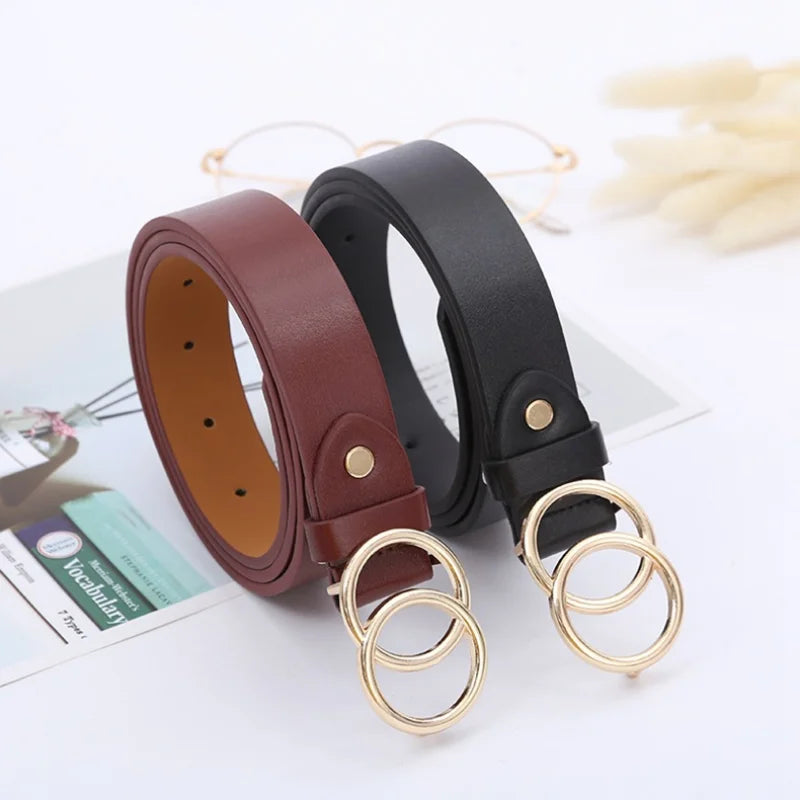 Women’s Double Ring PU Belt – Round Metal Buckle