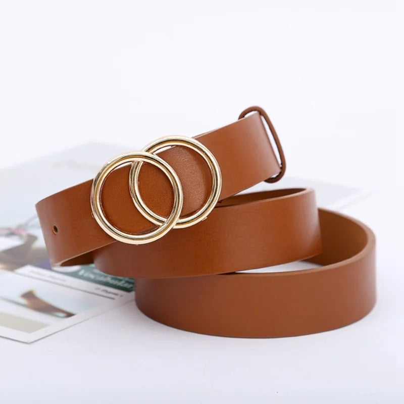 Women’s Double Ring PU Belt – Round Metal Buckle