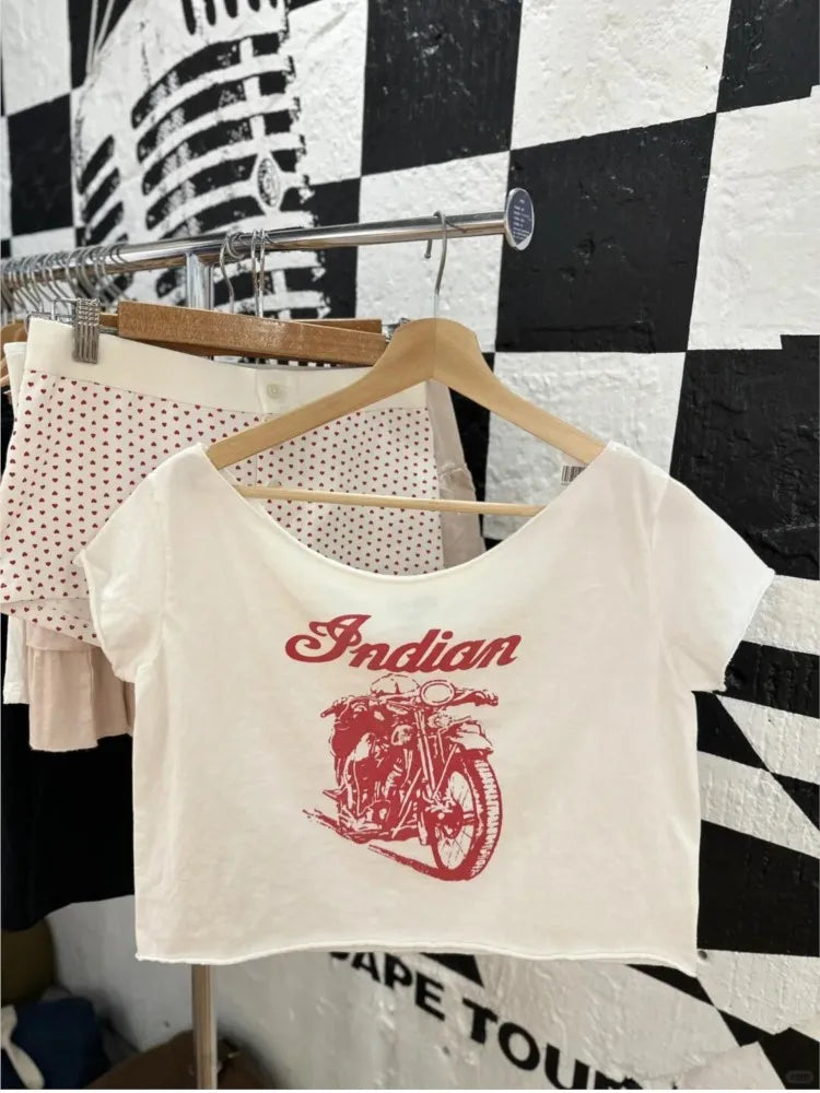 28 Graphic Print T-Shirts Woman Summer Slash Neck Short Sleeve Cotton Tees American Vintage Streetwear Raw Hem Crop Top T-shirts