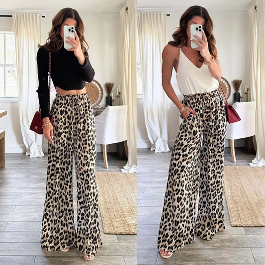 Women’s Leopard Print Pants – High-Waist Baggy Wide-Leg Trousers