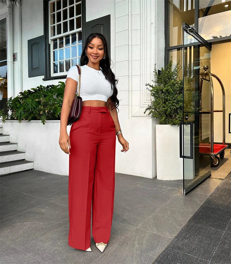 Women’s Elegant Wide-Leg High-Waist Pants – Loose Office Workwear Trousers