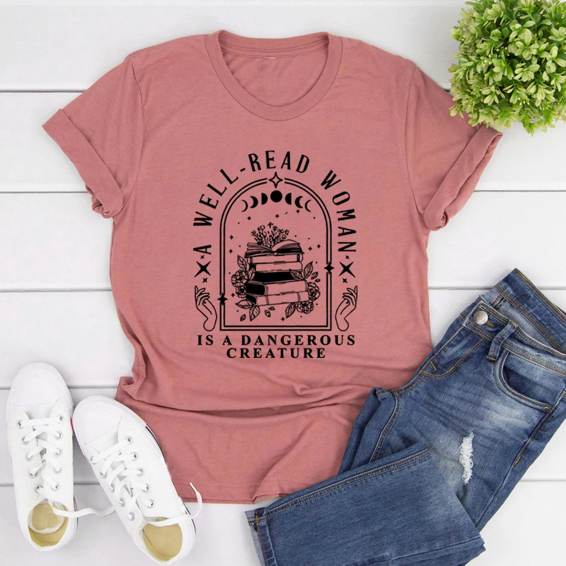 A Well Read Woman Is A Dangerous Creature T Shirts Bookish Merch T-Shirt Women Tshirts Vintage Graphic Tees Book Lovers Gifts