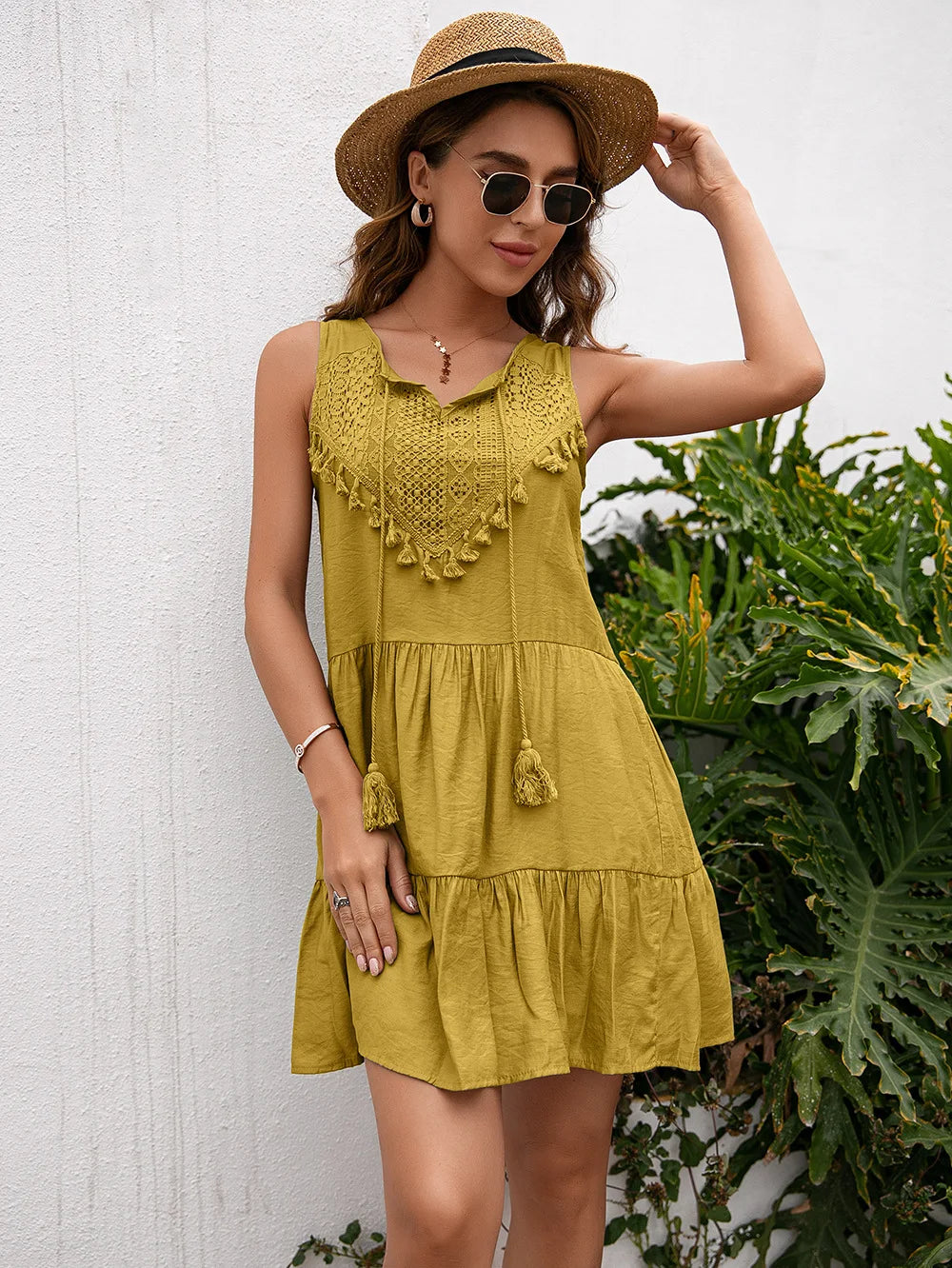 Women’s High-Waist Tassel Lace Mini Dress – Sleeveless Summer Sundress