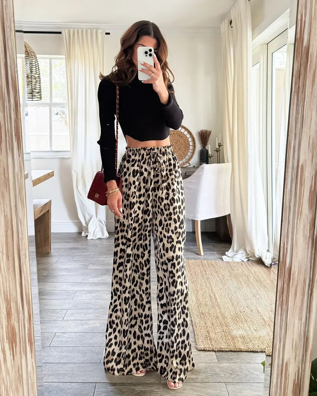 Women’s Leopard Print Pants – High-Waist Baggy Wide-Leg Trousers