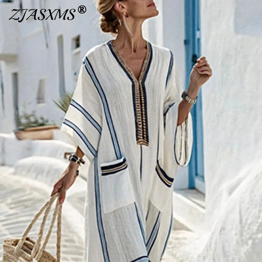 Women’s Retro Striped V-Neck Dress – Loose Boho Summer Beach Dress