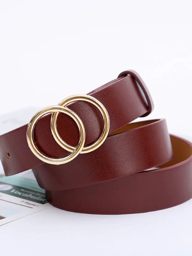 Women’s Double Ring PU Belt – Round Metal Buckle