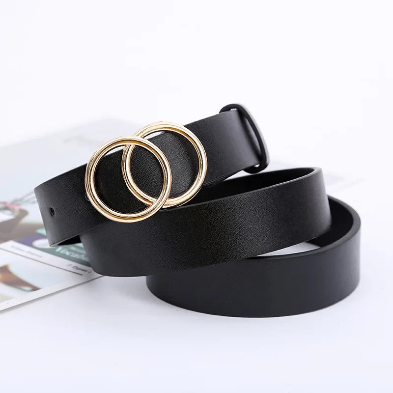 Women’s Double Ring PU Belt – Round Metal Buckle