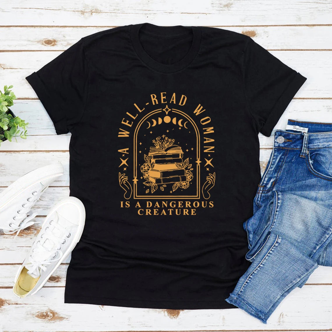 A Well Read Woman Is A Dangerous Creature T Shirts Bookish Merch T-Shirt Women Tshirts Vintage Graphic Tees Book Lovers Gifts
