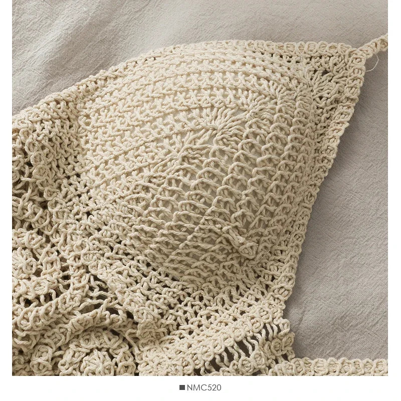 Women Beach Crop Tops Hollow Cover-Ups Perspective Tassel Sexy Spaghetti Strap Swinwear Built In Bra Backlless Halter Neck