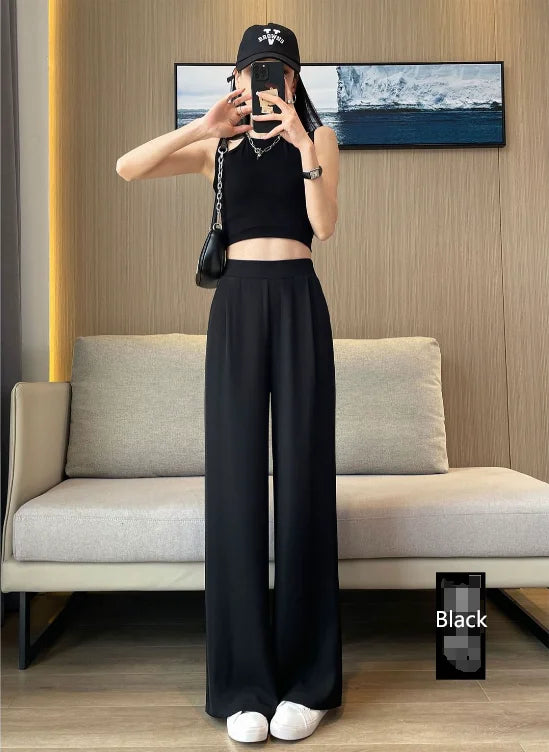 Women’s High-Waist Wide-Leg Casual Pants – Loose Straight Black Trousers