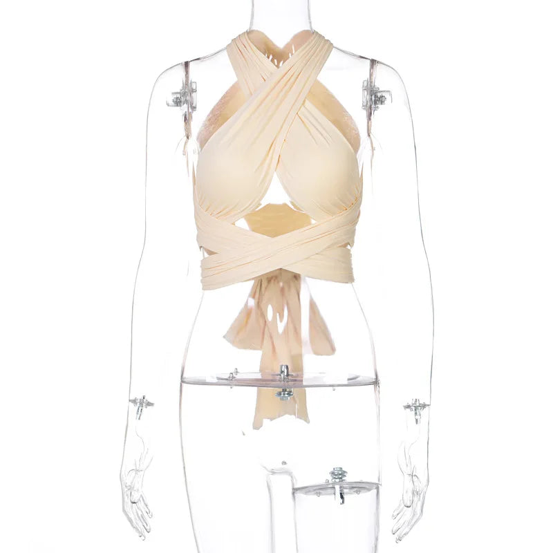 Women Strappy Cross Over Front Cut Out Halter Neck Sleeveless Backless Wrap Crop Top Bandage Vest Summer Sexy Tops Woman Clothes