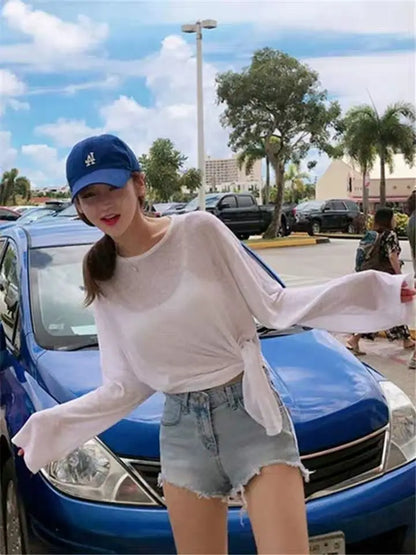 T-shirts Women Side-slit Design Summer Sheer Chic Popular Students Streetwear Pure Color Thin Sunscreen Loose Soft Ins Korean