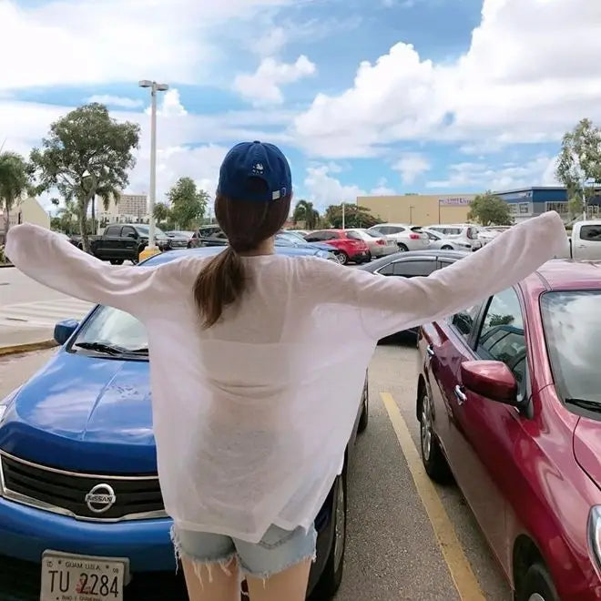 T-shirts Women Side-slit Design Summer Sheer Chic Popular Students Streetwear Pure Color Thin Sunscreen Loose Soft Ins Korean