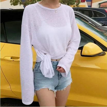 T-shirts Women Side-slit Design Summer Sheer Chic Popular Students Streetwear Pure Color Thin Sunscreen Loose Soft Ins Korean