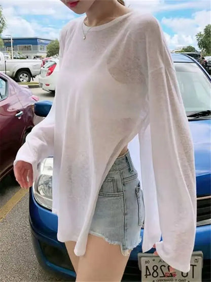 T-shirts Women Side-slit Design Summer Sheer Chic Popular Students Streetwear Pure Color Thin Sunscreen Loose Soft Ins Korean