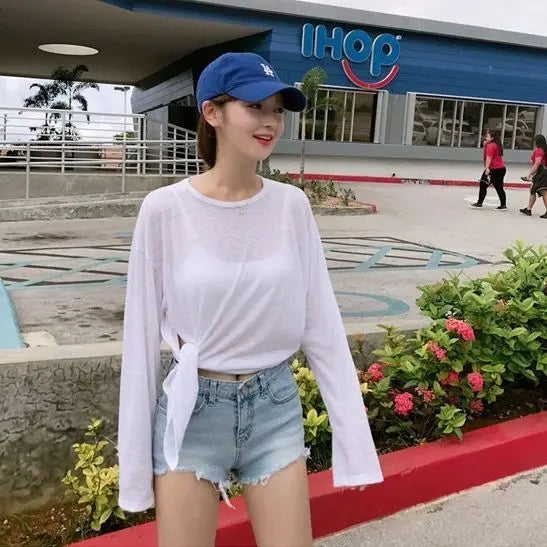 T-shirts Women Side-slit Design Summer Sheer Chic Popular Students Streetwear Pure Color Thin Sunscreen Loose Soft Ins Korean