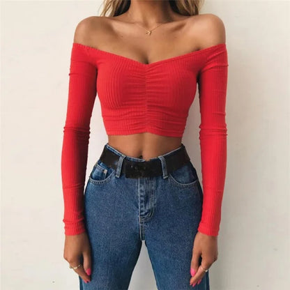 women T-shirts sexy and club fashion female T-shirt long sleeve off shoulder solid color lady Tshirt autumn basic tees