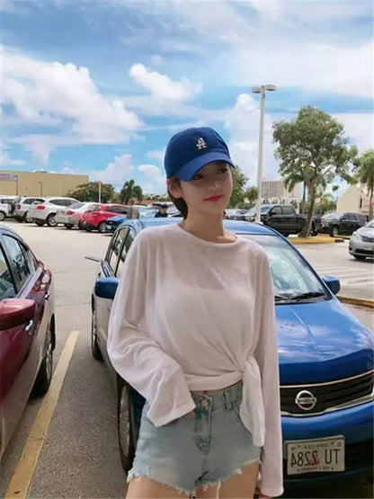 T-shirts Women Side-slit Design Summer Sheer Chic Popular Students Streetwear Pure Color Thin Sunscreen Loose Soft Ins Korean