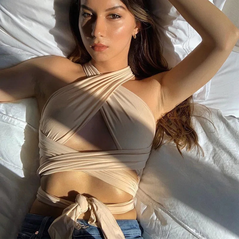 Women Strappy Cross Over Front Cut Out Halter Neck Sleeveless Backless Wrap Crop Top Bandage Vest Summer Sexy Tops Woman Clothes