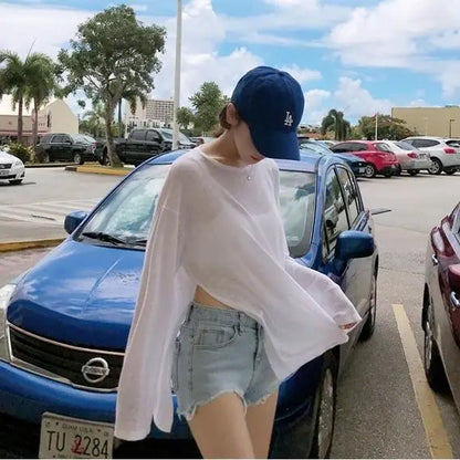T-shirts Women Side-slit Design Summer Sheer Chic Popular Students Streetwear Pure Color Thin Sunscreen Loose Soft Ins Korean