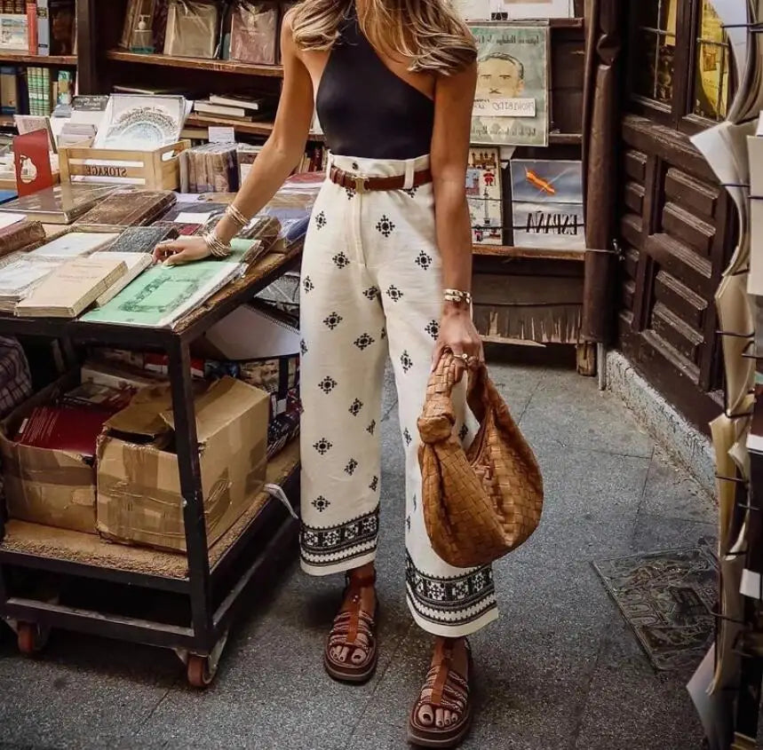 New Fashion Printed Bohemian High Waist Wide Leg Pants For Women