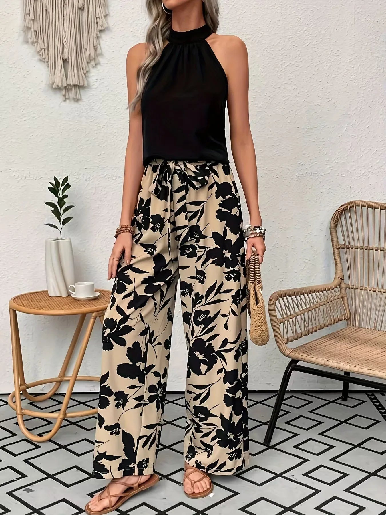 Women’s Casual Wide-Leg Printed Pants with Elastic Waist