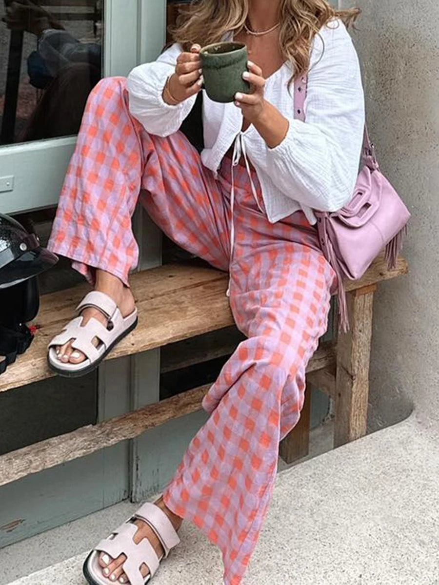 Women’s Pink Plaid Slim Straight Pants – Chic Zipper Fly Trousers