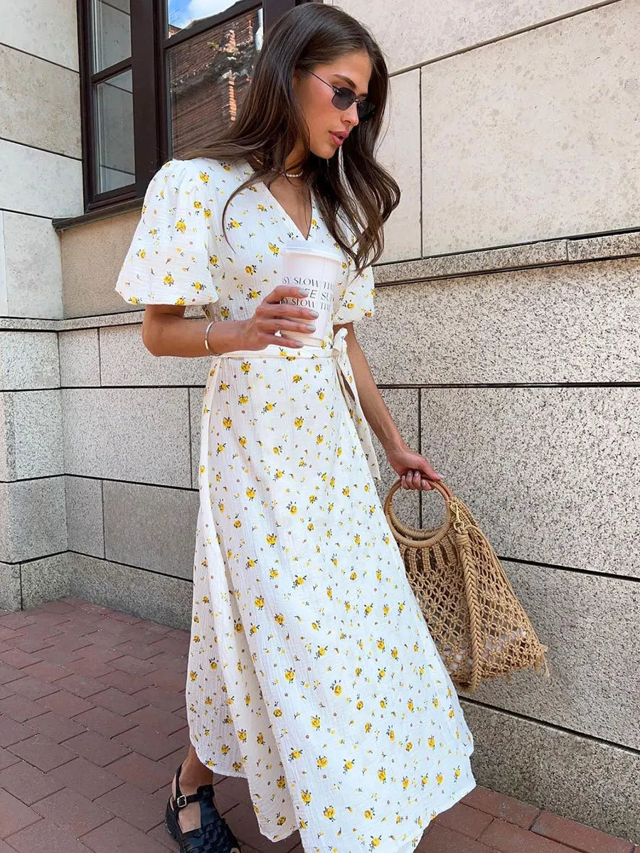 Women’s Floral Cotton Dress – V-Neck Short Sleeve Tunic for Summer