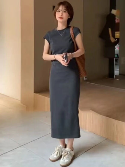 Women’s Simple Casual Dress – Elegant Slim Summer Streetwear, Korean Vintage Style