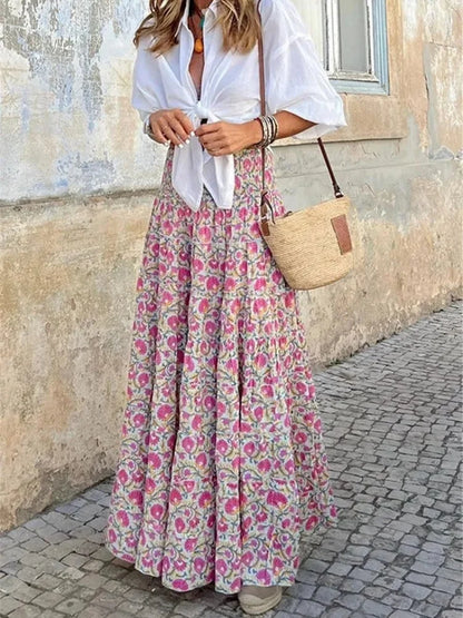 Women’s Floral Elastic Waist Long Skirt
