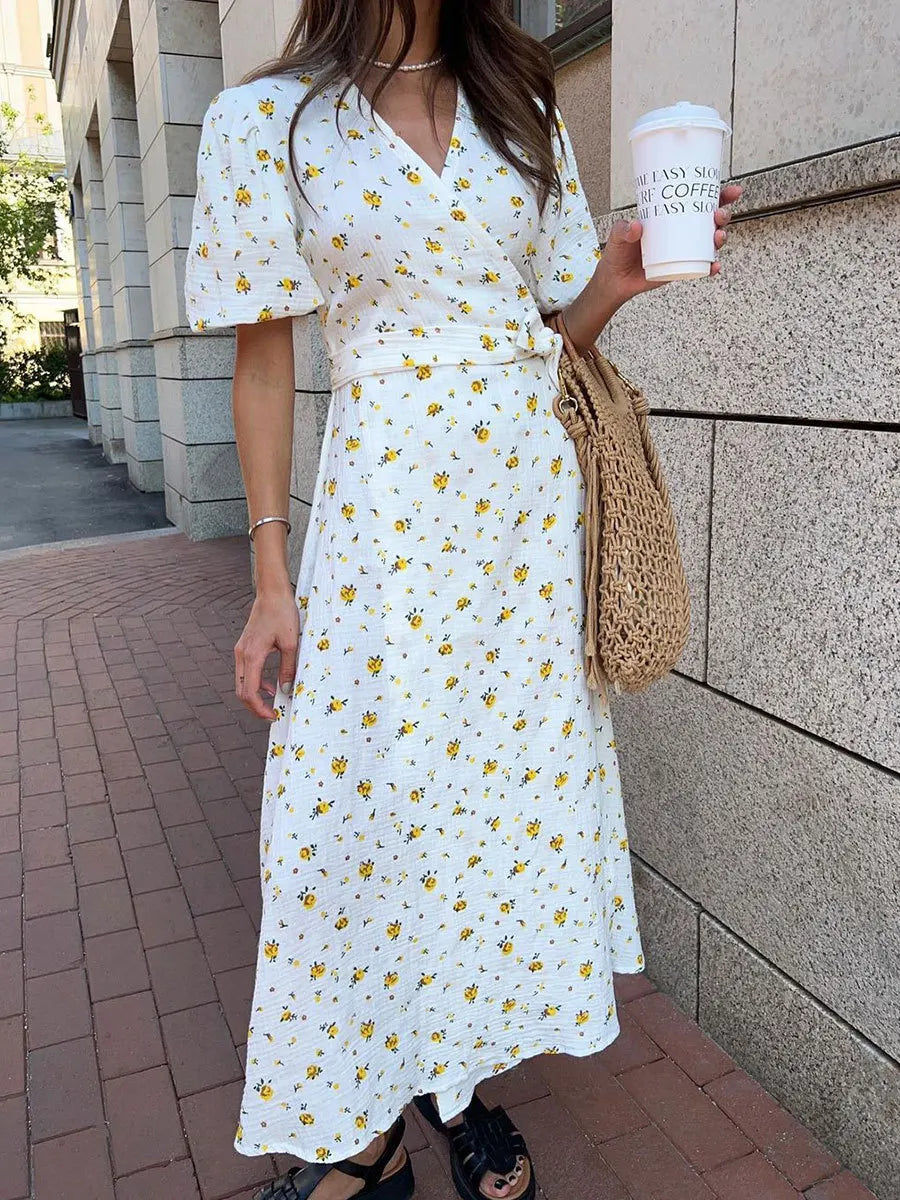 Women’s Floral Cotton Dress – V-Neck Short Sleeve Tunic for Summer