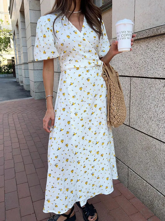 Women’s Floral Cotton Dress – V-Neck Short Sleeve Tunic for Summer