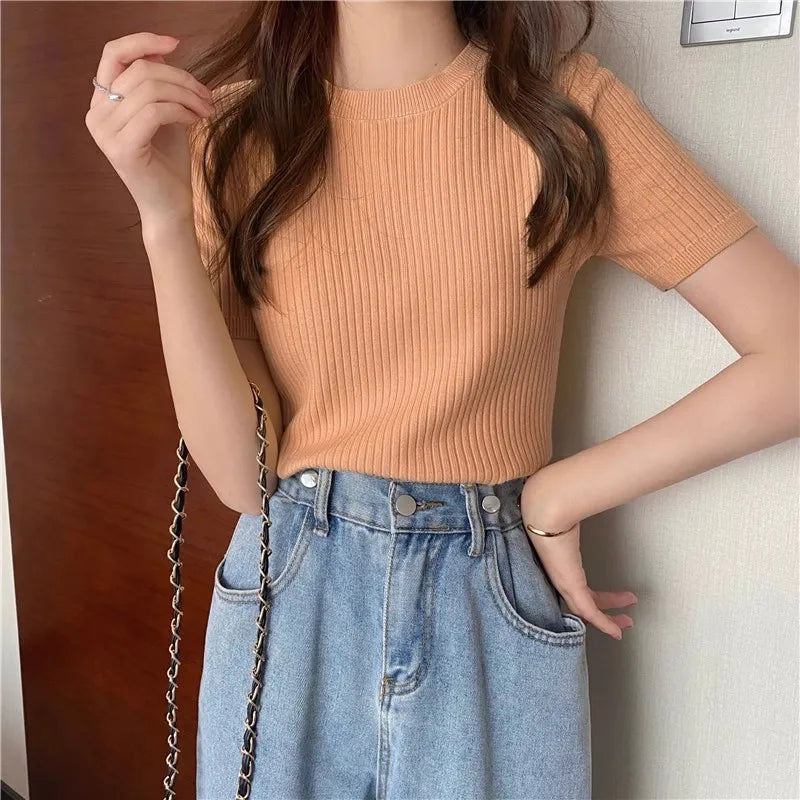 Blusas Mujer Blouses Top FemmeTops Women Blusas Mujer De Moda 2025 Verano Short Sleeve Knit Blouse Women Knitted Pullovers