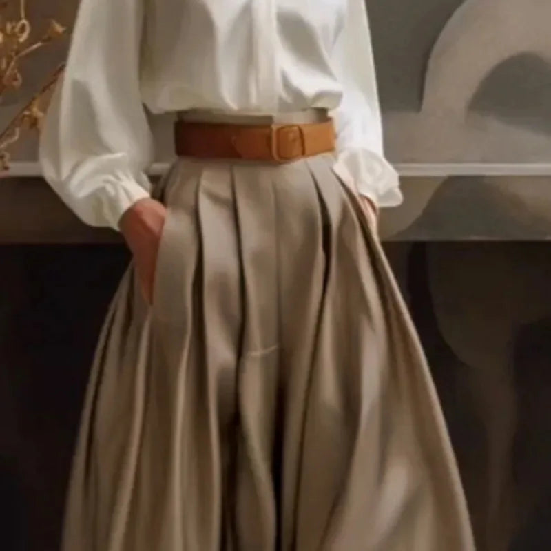 Women’s High-Waist Pleated Wide Pants – Casual Loose Solid Color Trousers
