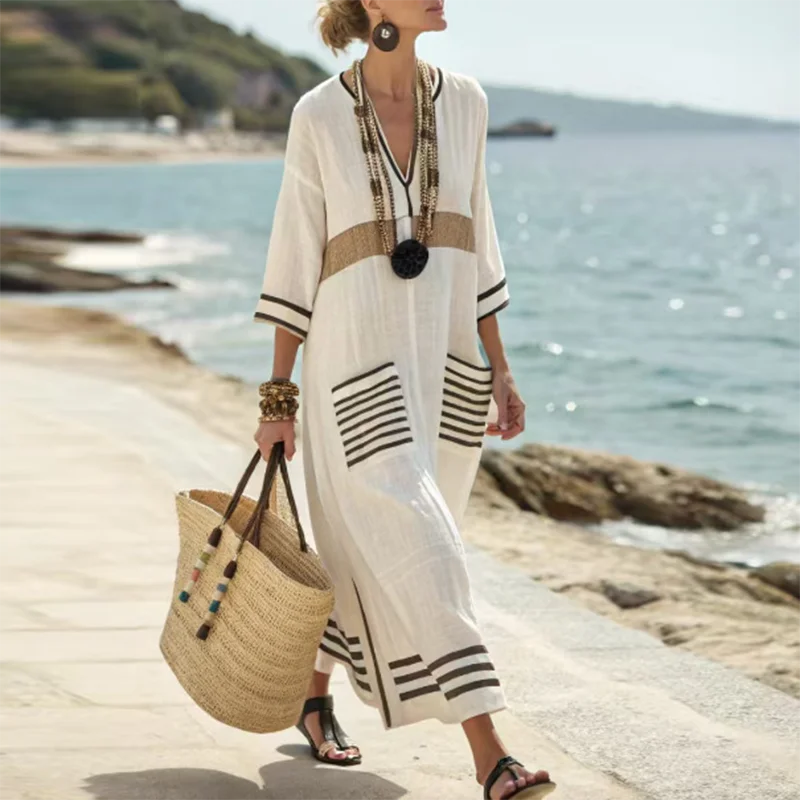 Women’s Retro Striped V-Neck Dress – Loose Boho Summer Beach Dress