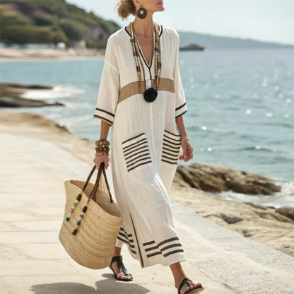 Women’s Retro Striped V-Neck Dress – Loose Boho Summer Beach Dress
