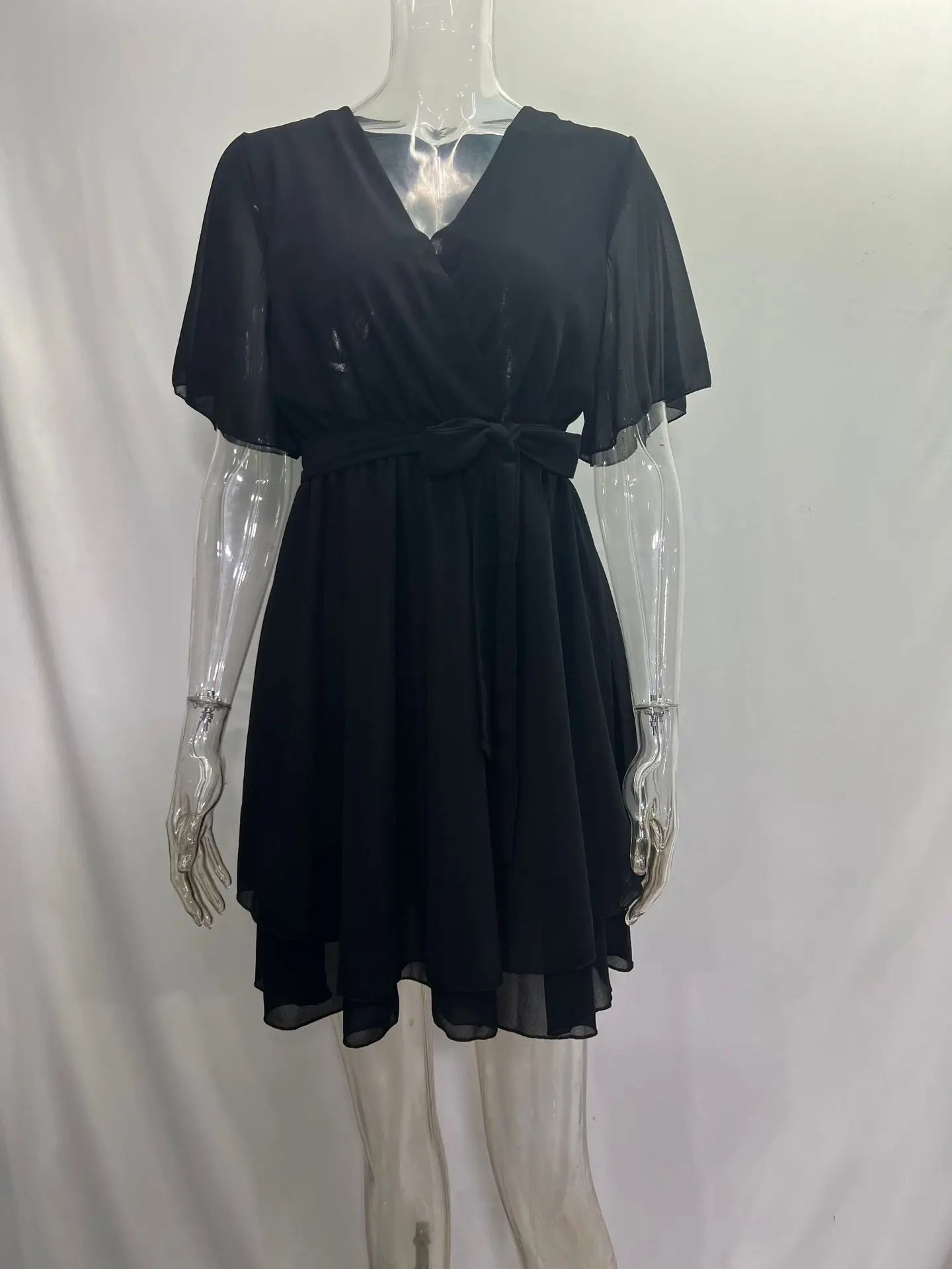 Women’s Summer V-Neck Cross-Strap Mini Dress – Ruffled Chiffon Party Dress